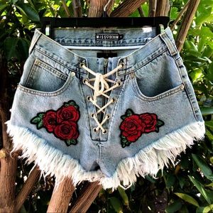 NEW Miss Denim Rose Patch High Rise Shorts Tie Up